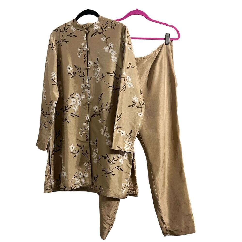 Elegant Silk Oriental Floral Amanda Smith 2Pc Long Jacket Pant Suit Sz 12/14